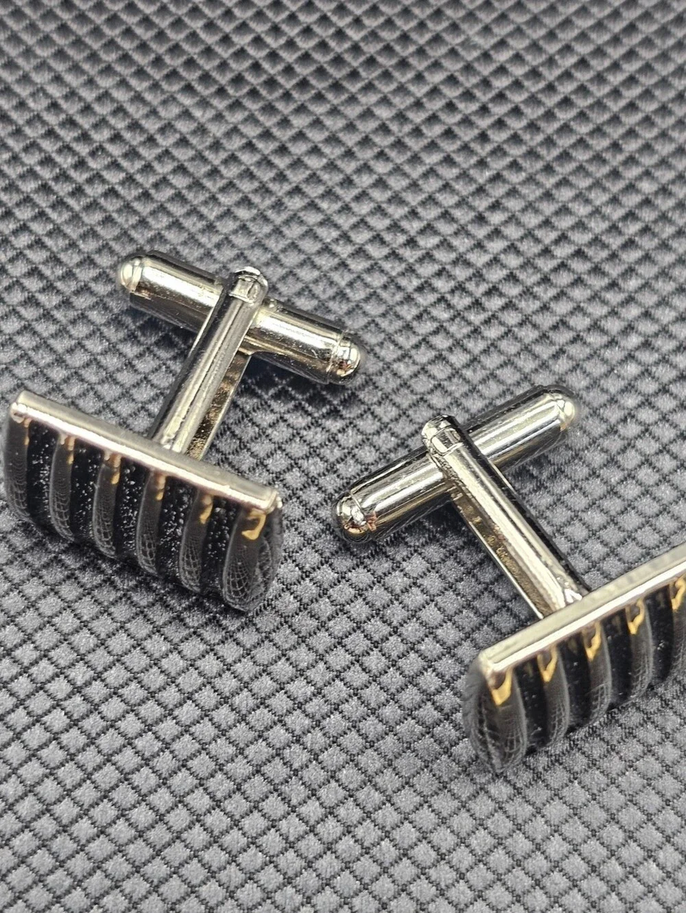 Men's Black and Silver Rectangular Cufflinks with Ribbed Design